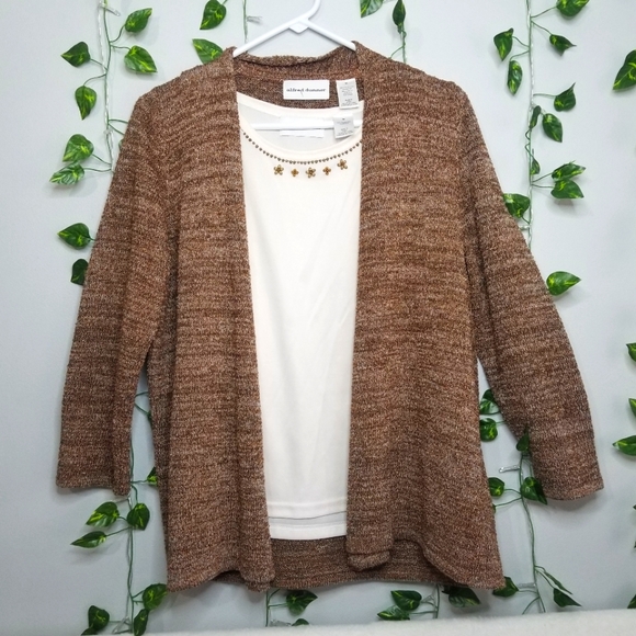 Alfred Dunner Brown Marled Open Front Cardigan 3/4 Sleeve Twin Set Beade… - Picture 1 of 12